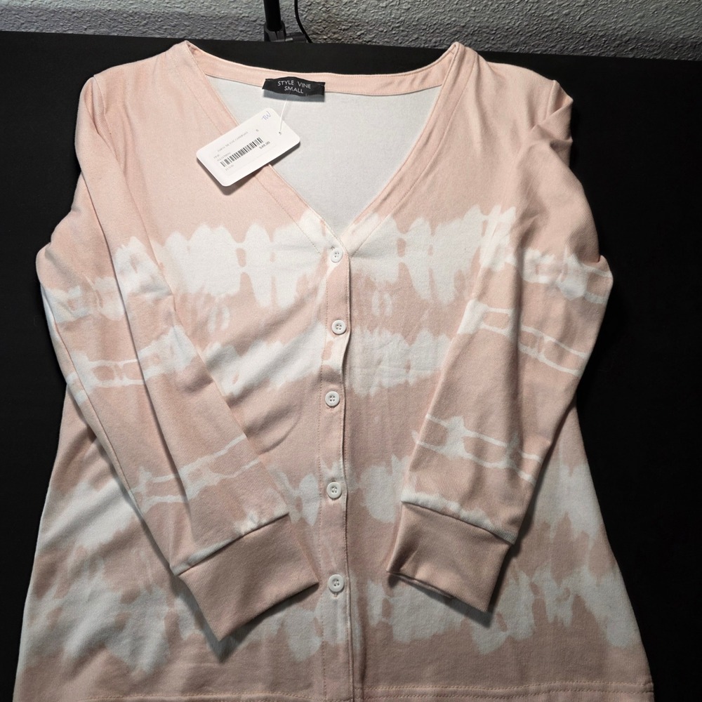 Style Vine Daisy Tie Dye Cardigan Tan/Pink White Button Front V-Neck‎ Small NEW